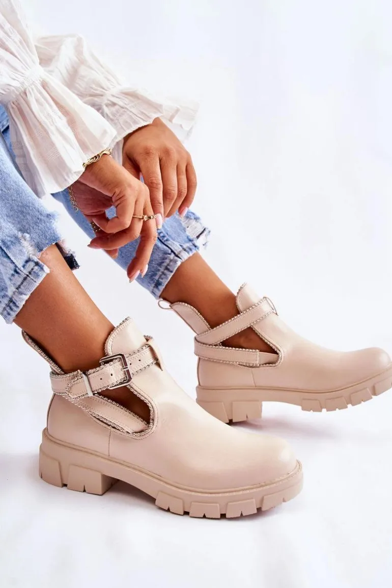 Damskie Skórzane Botki Z Ćwiekami Beżowe Clares