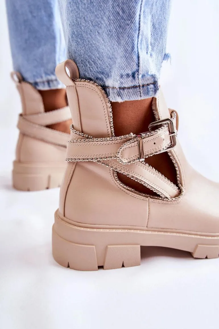 Damskie Skórzane Botki Z Ćwiekami Beżowe Clares