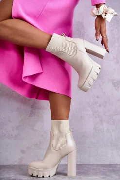 Damskie Skórzane Botki Ze Skarpetą Beżowe Adalyn