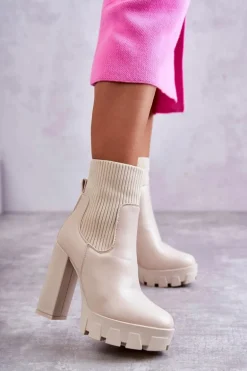 Damskie Skórzane Botki Ze Skarpetą Beżowe Adalyn