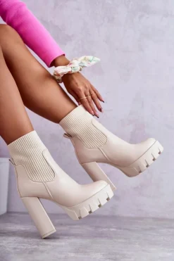 Damskie Skórzane Botki Ze Skarpetą Beżowe Adalyn