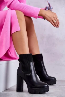 Damskie Skórzane Botki Ze Skarpetą Czarne Adalyn