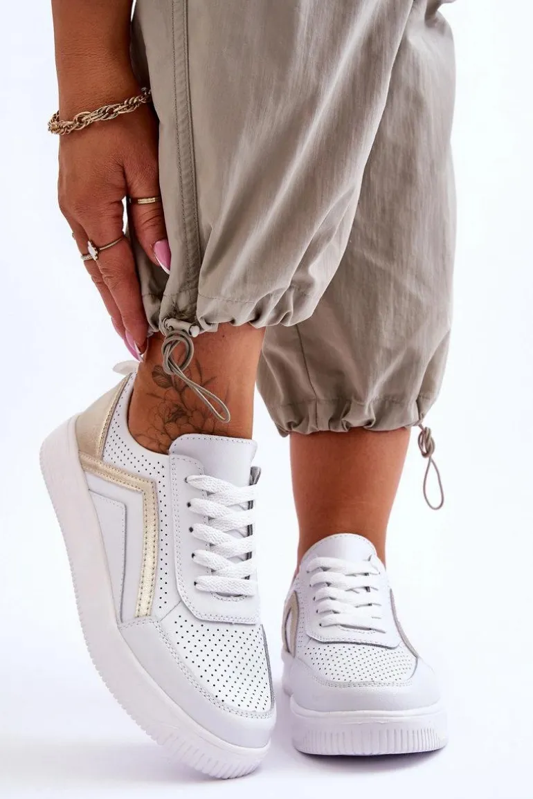 Damskie Skórzane Buty Sportowe Z Perforacją Biało-Złote Carvalo