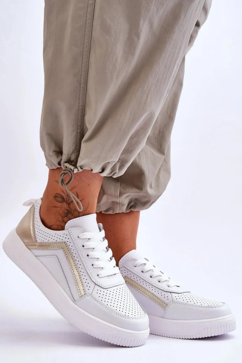 Damskie Skórzane Buty Sportowe Z Perforacją Biało-Złote Carvalo