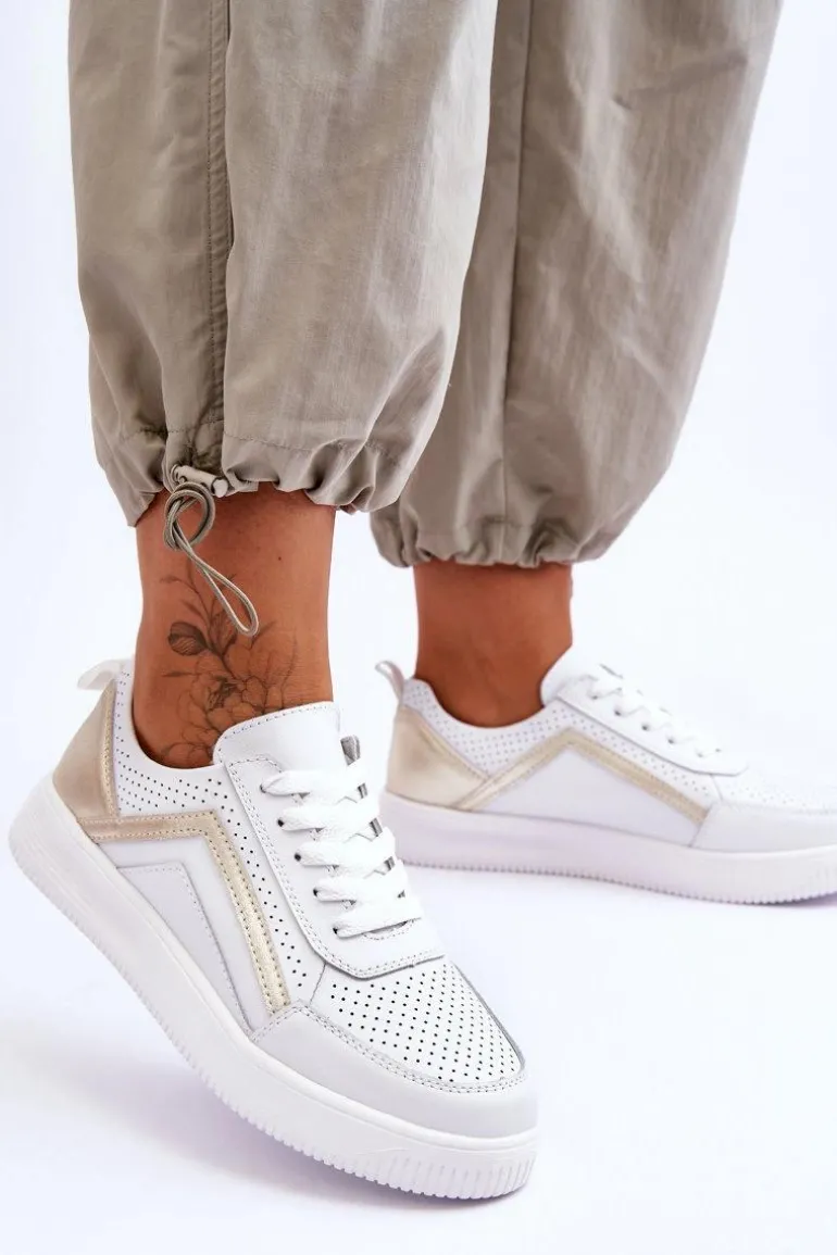 Damskie Skórzane Buty Sportowe Z Perforacją Biało-Złote Carvalo