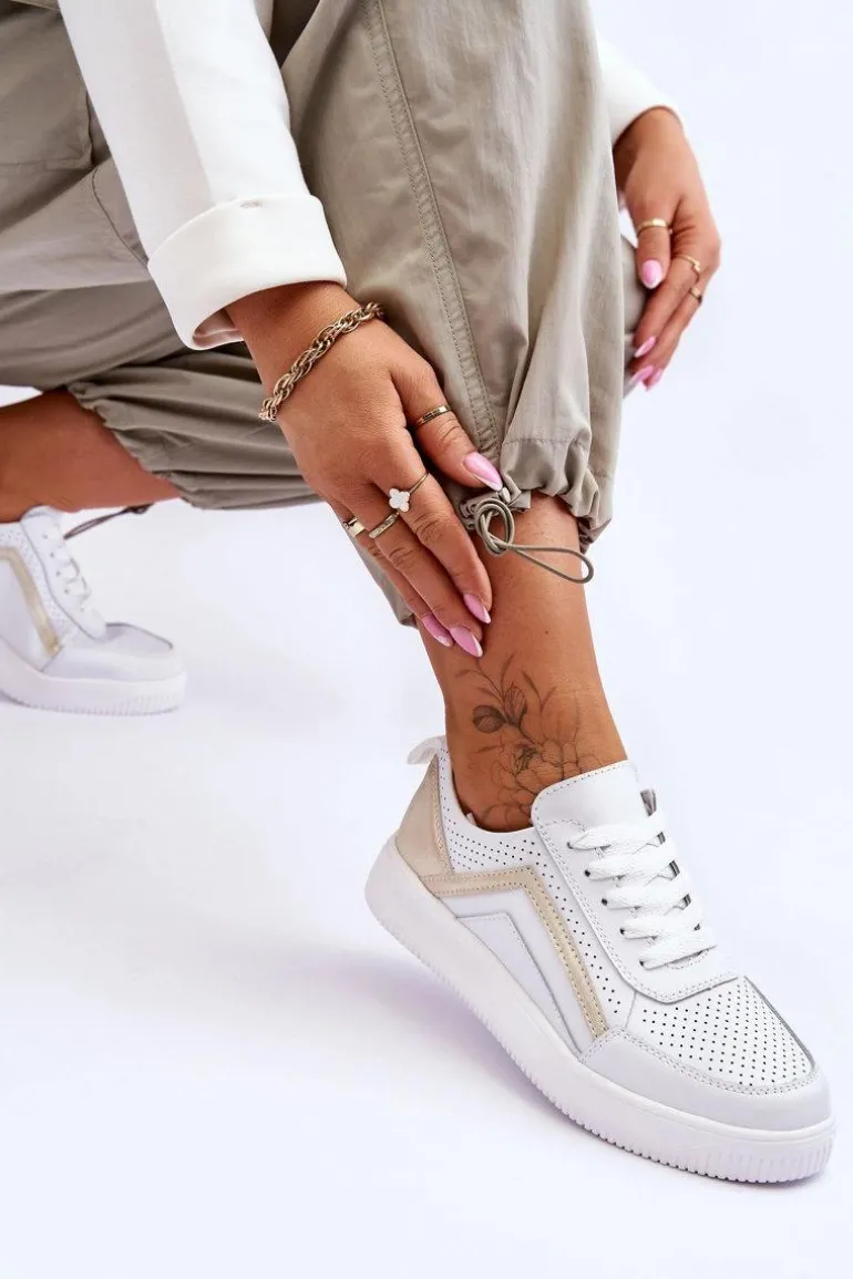 Damskie Skórzane Buty Sportowe Z Perforacją Biało-Złote Carvalo