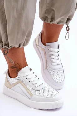 Damskie Skórzane Buty Sportowe Z Perforacją Biało-Złote Carvalo