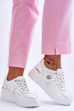 Damskie Skórzane Buty Sportowe Na Koturnie Biało-Srebrne Rebeca