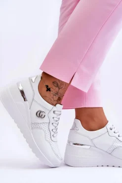 Damskie Skórzane Buty Sportowe Na Koturnie Biało-Srebrne Rebeca