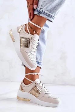 Damskie Skórzane Buty Sportowe Na Koturnie Beżowo-Białe Larson