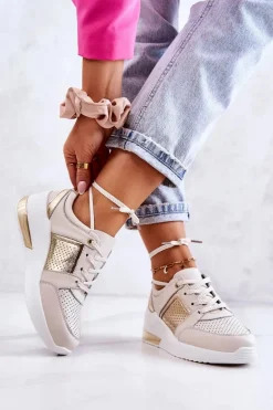 Damskie Skórzane Buty Sportowe Na Koturnie Beżowo-Białe Larson