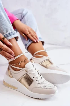 Damskie Skórzane Buty Sportowe Na Koturnie Beżowo-Białe Larson