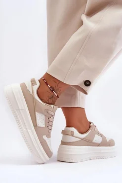 Damskie Skórzane Buty Sportowe Na Masywnej Platformie Beżowe Belisso