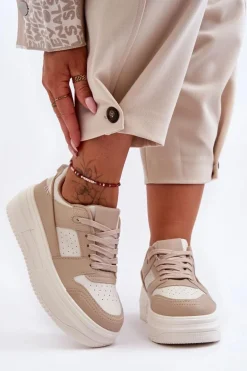 Damskie Skórzane Buty Sportowe Na Masywnej Platformie Beżowe Belisso
