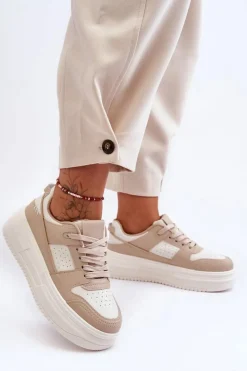 Damskie Skórzane Buty Sportowe Na Masywnej Platformie Beżowe Belisso