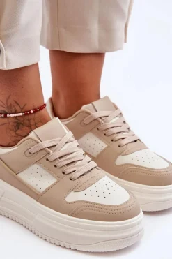 Damskie Skórzane Buty Sportowe Na Masywnej Platformie Beżowe Belisso