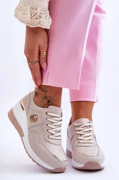 Damskie Skórzane Buty Sportowe Na Koturnie Beżowe Rebeca