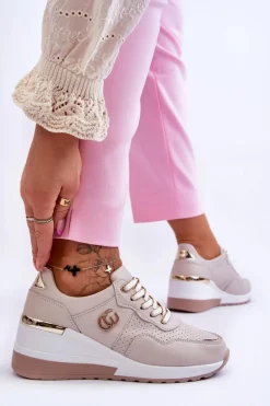 Damskie Skórzane Buty Sportowe Na Koturnie Beżowe Rebeca