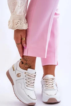 Damskie Skórzane Buty Sportowe Na Koturnie Biało-Złote Rebeca