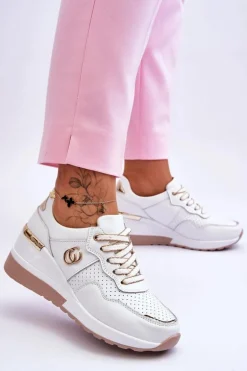 Damskie Skórzane Buty Sportowe Na Koturnie Biało-Złote Rebeca