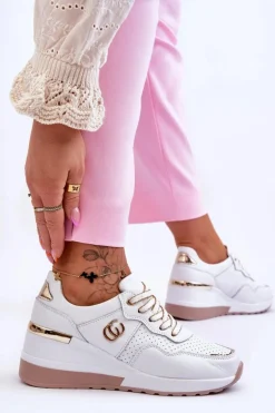 Damskie Skórzane Buty Sportowe Na Koturnie Biało-Złote Rebeca