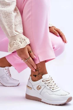 Damskie Skórzane Buty Sportowe Na Koturnie Biało-Złote Rebeca