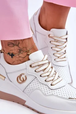 Damskie Skórzane Buty Sportowe Na Koturnie Biało-Złote Rebeca
