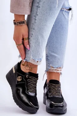 Damskie Skórzane Buty Sportowe Na Koturnie Czarne Rebeca