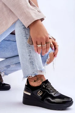 Damskie Skórzane Buty Sportowe Na Koturnie Czarne Rebeca