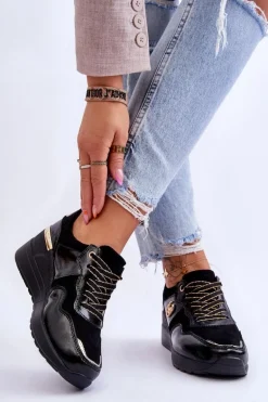 Damskie Skórzane Buty Sportowe Na Koturnie Czarne Rebeca