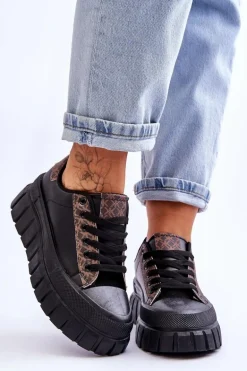 Damskie Skórzane Buty Sportowe Na Platformie Czarne Alison