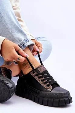 Damskie Skórzane Buty Sportowe Na Platformie Czarne Alison