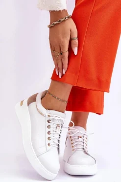 Damskie Skórzane Buty Sportowe Na Platformie Białe Caressa