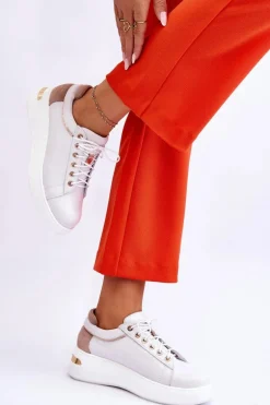 Damskie Skórzane Buty Sportowe Na Platformie Białe Caressa