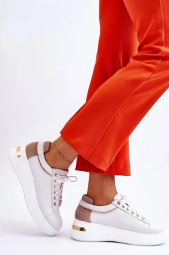 Damskie Skórzane Buty Sportowe Na Platformie Białe Caressa