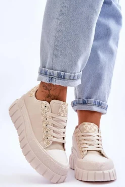 Damskie Skórzane Buty Sportowe Na Platformie Beżowe Alison