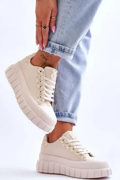 Damskie Skórzane Buty Sportowe Na Platformie Beżowe Alison