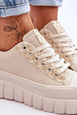 Damskie Skórzane Buty Sportowe Na Platformie Beżowe Alison