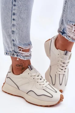 Damskie Skórzane Buty Sportowe Beżowe Faro