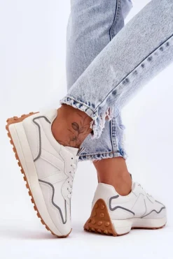 Damskie Skórzane Buty Sportowe Beżowe Faro