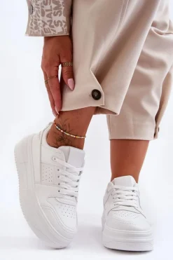 Damskie Skórzane Buty Sportowe Na Masywnej Platformie Białe Belisso