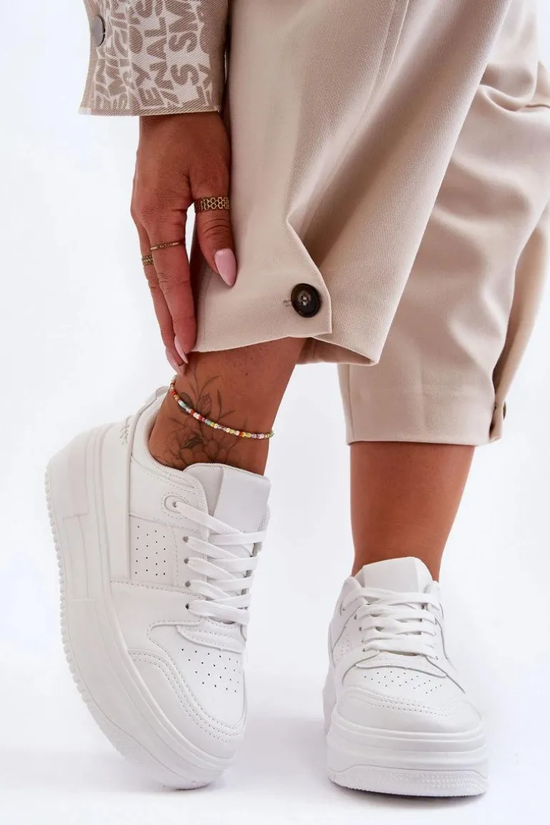 Damskie Skórzane Buty Sportowe Na Masywnej Platformie Białe Belisso