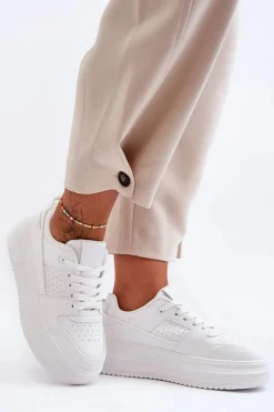 Damskie Skórzane Buty Sportowe Na Masywnej Platformie Białe Belisso