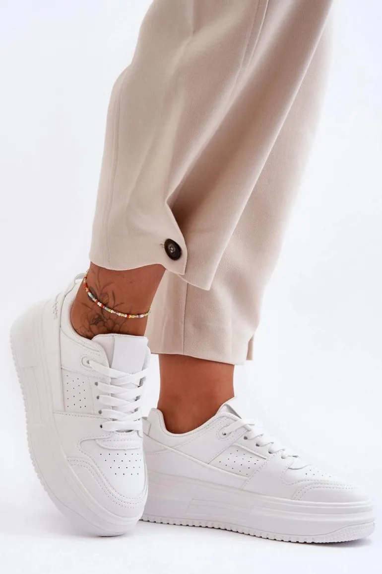 Damskie Skórzane Buty Sportowe Na Masywnej Platformie Białe Belisso