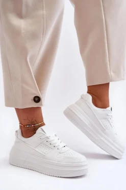 Damskie Skórzane Buty Sportowe Na Masywnej Platformie Białe Belisso