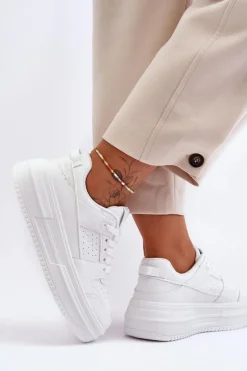 Damskie Skórzane Buty Sportowe Na Masywnej Platformie Białe Belisso