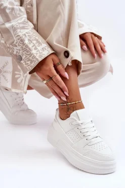 Damskie Skórzane Buty Sportowe Na Masywnej Platformie Białe Belisso