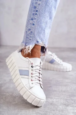 Damskie Skórzane Buty Sportowe Wiązane Biało-Niebieskie Ariva