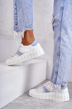 Damskie Skórzane Buty Sportowe Wiązane Biało-Niebieskie Ariva
