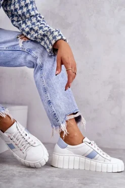 Damskie Skórzane Buty Sportowe Wiązane Biało-Niebieskie Ariva